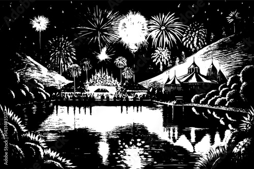 Black and White Night Festival with Fireworks and Circus Tent by a Lake