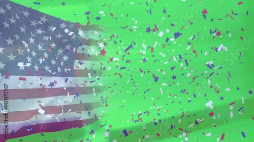 American flag waving on left side of studio, red white blue confetti floating across flat design