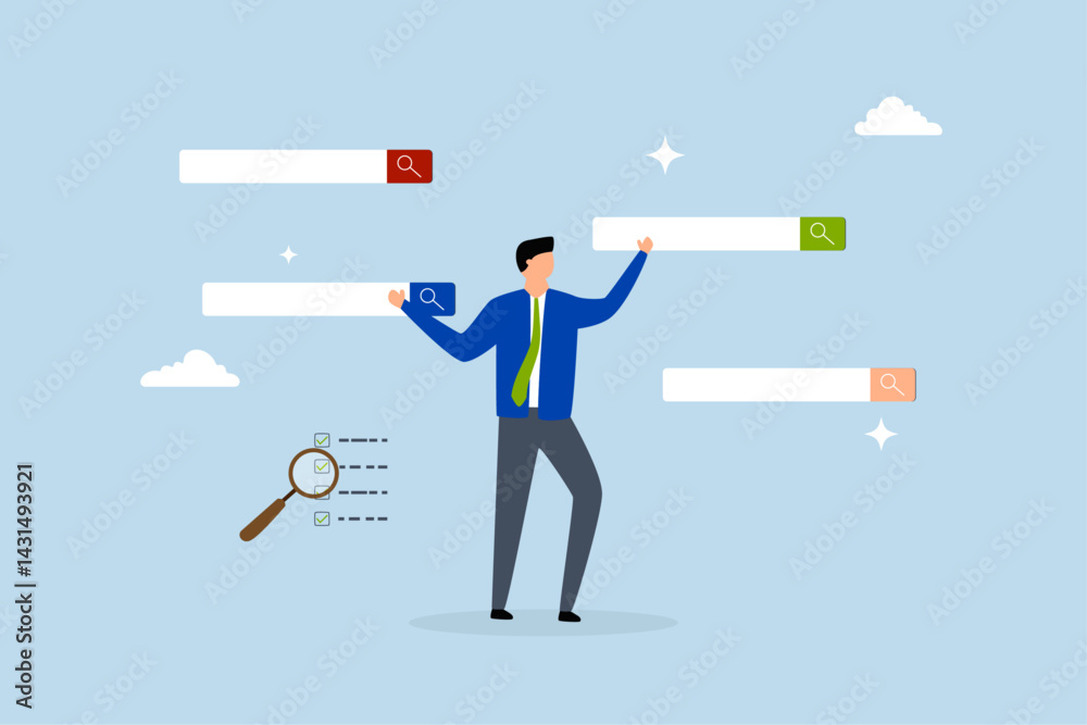 Search, businessman search new job on virtual search box.