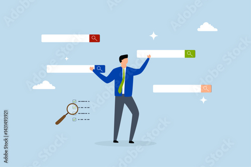 Search, businessman search new job on virtual search box.