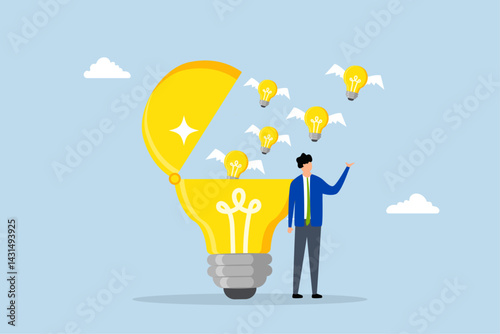 Idea generation, young adult man open lightbulb to develop and generate new ideas.