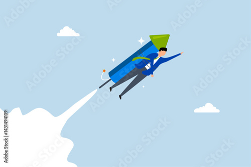 Boost business growth, businessman flying high with fast firework in the sky.