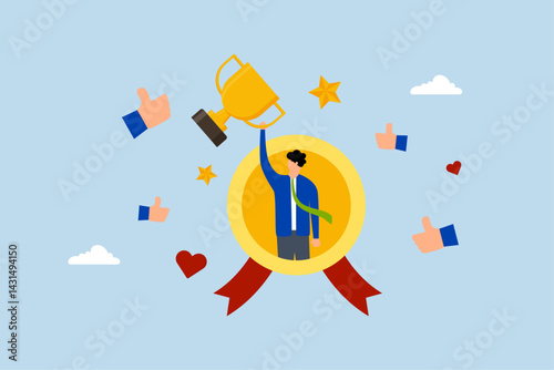 Employee of the month award winner, success businessman holding trophy badge.