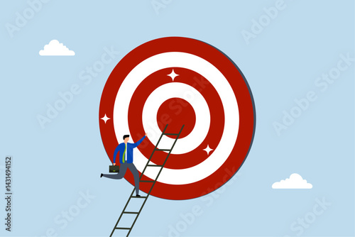 Climb up ladder to reach target, businessman climbing ladder to business goal.