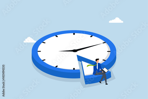 Part time job, businessman working with laptop on split time clock.
