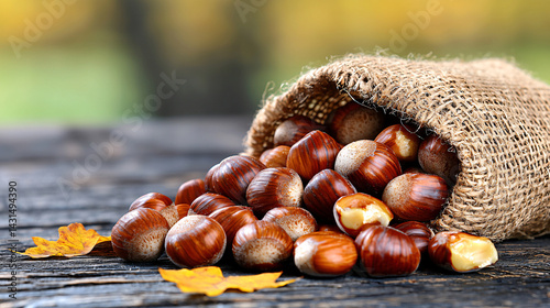 Overflowing Burlap Sack of Hazelnuts on Rustic Wooden Table with Autumn Leaves Scattered About
