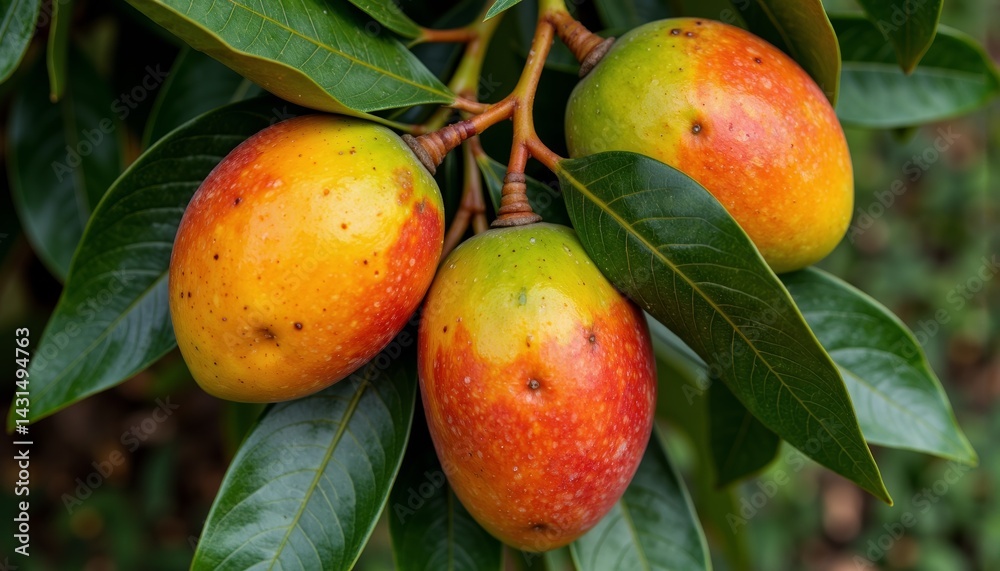 Obraz premium Ripe mangoes hanging on green leaves 