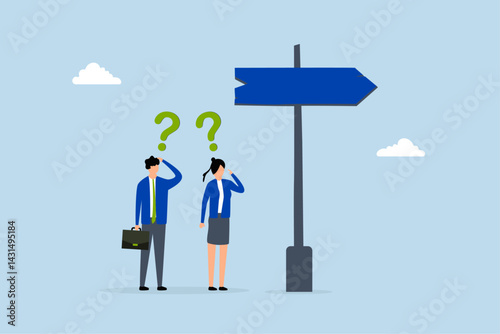 Doubt, business people think with question mark to go right way.