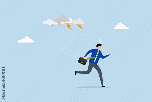 Runaway from crisis, businessman run away from thunder storm raining.