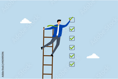 Criteria checklist report, businessman put tick on completion checklist.