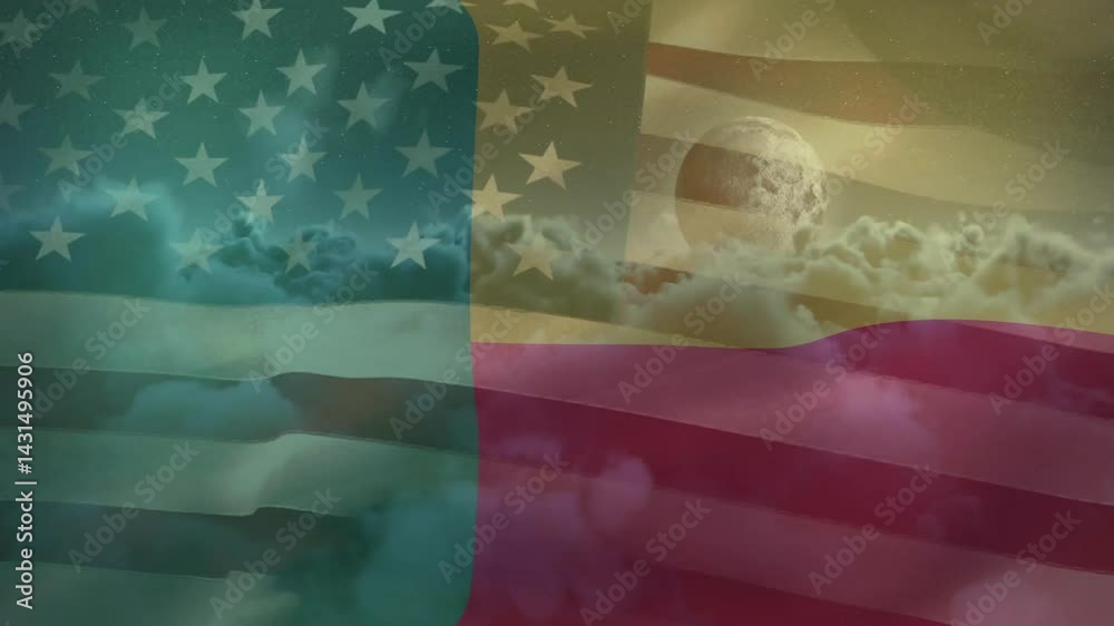 Flat design American flag waving over glowing clouds, cratered moon drifting among starry backdrop