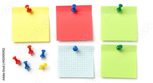 Colorful sticky notes pinned on white background with various pushpins nearby