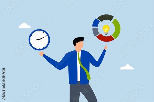 Time management, businessman holding time clock with pie chart routine.