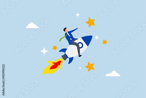 Success achievement, businessman riding fast rocket to reach success star.