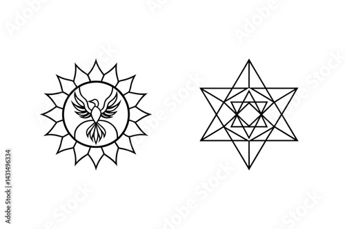 Phoenix Bird In Sun Circle With Geometric Star Design Black Line Art
