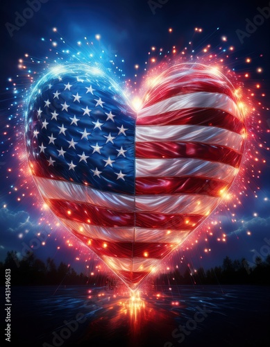 Fireworks form a heart shape in the night sky, lit in colors of the Independence Day flag.