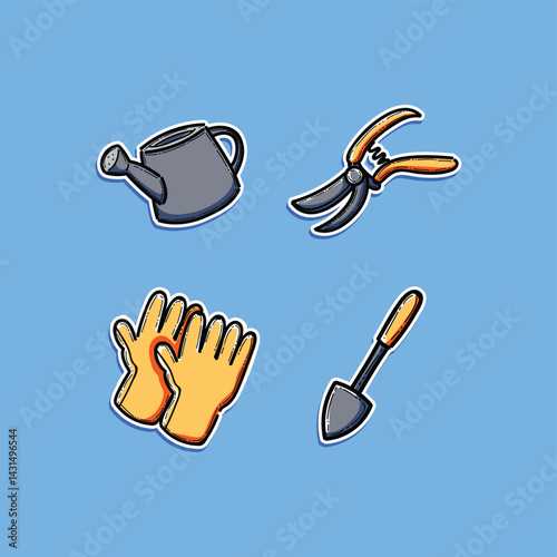 Colorful illustrations of essential gardening tools including a watering can, gloves, a trowel, and pruners on a blue background, perfect for themes of nature, gardening, and outdoor activities.