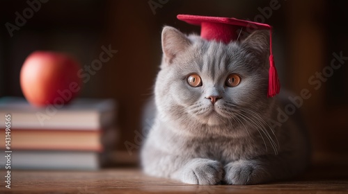 Adorable british shorthair cat wearing graduation cap lying on wooden table with books and apple in background, representing back to school concept