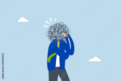 Overthinking, businessman overthinking mess head.