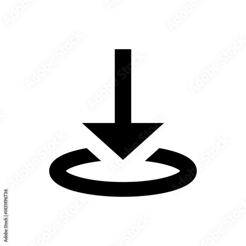 Black arrow pointing down towards a black semi circle in a simple graphic illustration style visual element