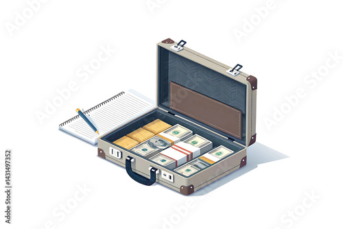 A vintage briefcase overflowing with stacks of US dollar bills a notepad and pen nearby symbolizing financial success wealth and meticulous record keeping Clean isometric design sharp details and a