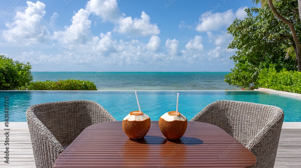 Obraz premium Two coconut drinks on a table with wicker chairs by a pool overlooking the turquoise ocean and blue sky
