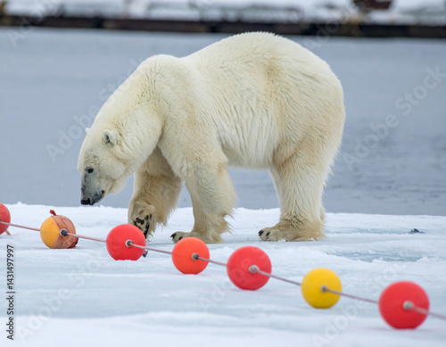 A polar bear is carefully stepping across a row of colorful inflatable pool noodles scattered on a frozen dock, its large paws gently maneuvering around the buoyant tubes.