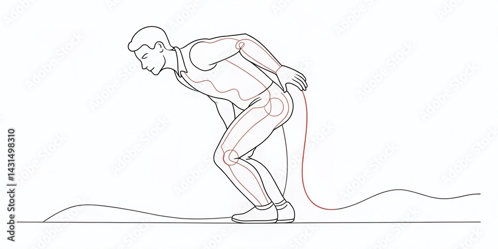 Continuous Line Drawing: Man Experiencing Severe Back Pain - Stock Photo