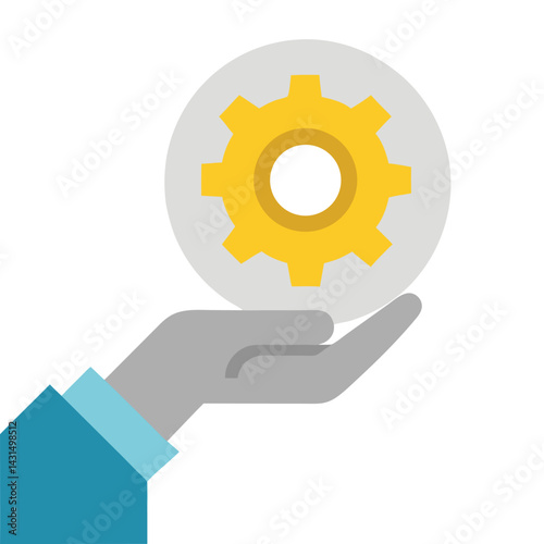 Gear in Hand Icon Technical Support, Engineering Service, Maintenance Symbol, Innovation and Technology Concept in Flat Vector Design
