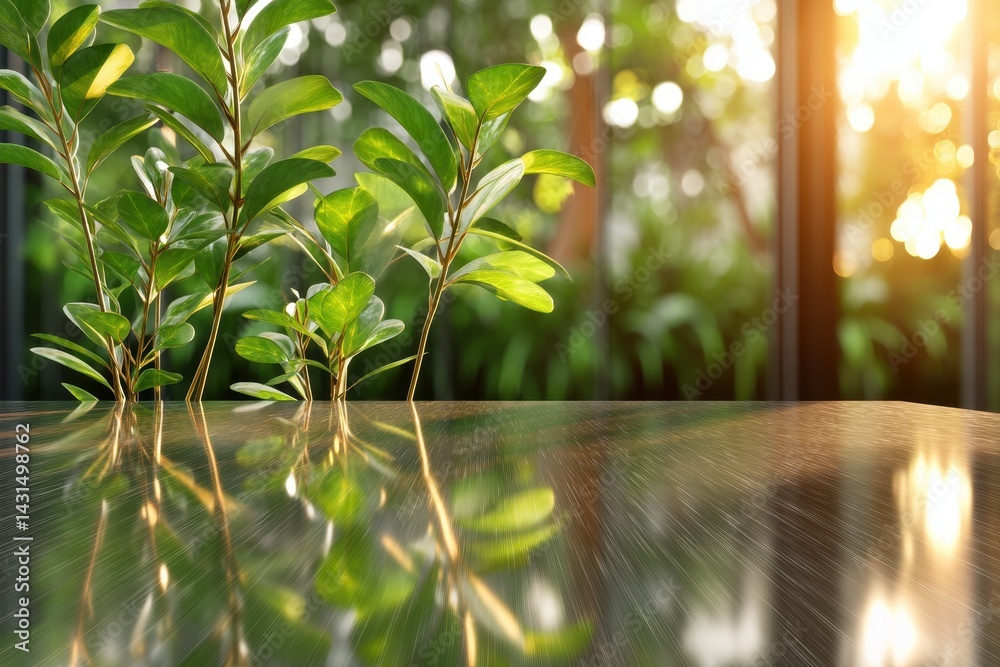 Fototapeta premium Reflective stainless steel surface showcasing lush greenery at sunset nature photography indoor environment contemporary viewpoint aesthetic concept