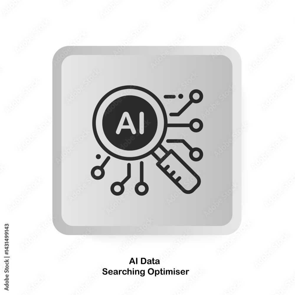 Obraz premium AI Data Searching Optimizer vector icon, The magnifying glass icon inside has the letters AI, the digital circuit is inside the white button.