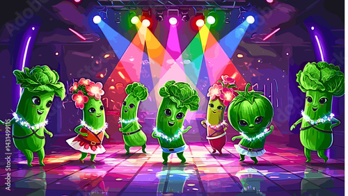 Cheerful cartoon vegetables performing a dance routine on stage under colorful lights