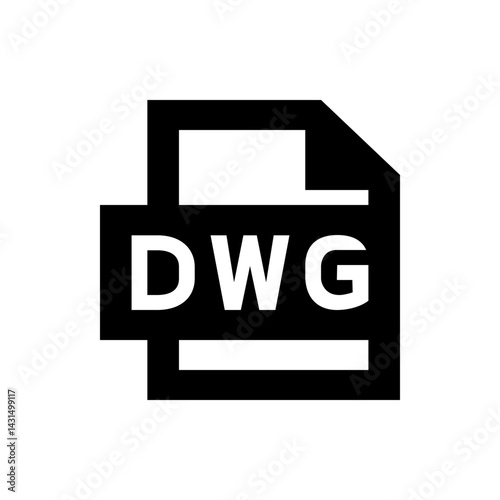 Illustration of a dwg file format icon with a black border and white text on a white background image view