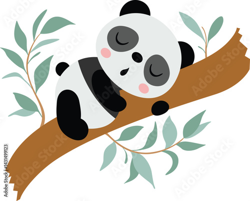 Cute Sleeping Panda Curled on Branch Vector