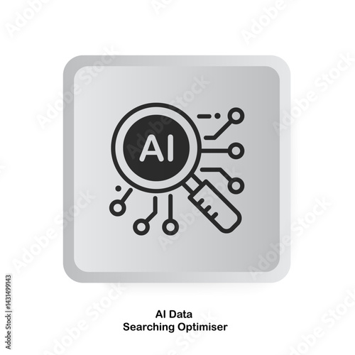 AI Data Searching Optimizer vector icon, The magnifying glass icon inside has the letters AI, the digital circuit is inside the white button.