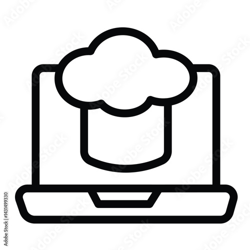 Laptop with chef hat line icon, culinary concept. Vector graphics. Chef cooking blog, website sign on white background, style for mobile or design.