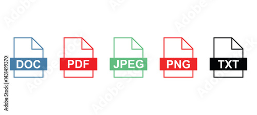 Document icon set, file type vector in various file formats including DOC, PDF, JPEG, PNG TXT.