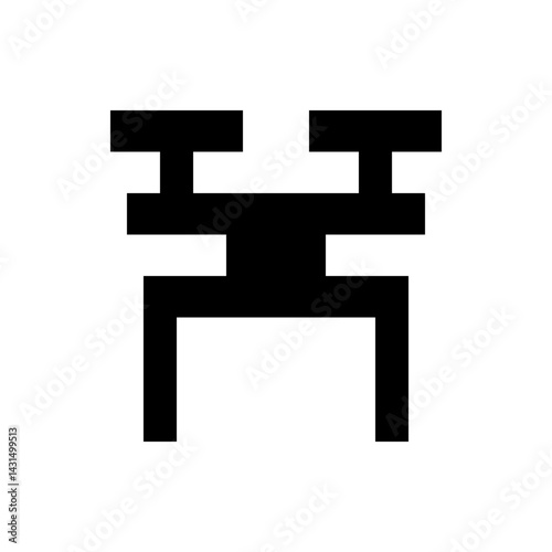 A black pixelated structure with a horizontal bar and two vertical supports in a simple arrangement and style