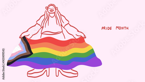 Person hold flag with lgbtq rainbow and transgender flag during pride month celebration against violence, discrimination, human rights violation. Equality and self-affirmation. Quirky line character.