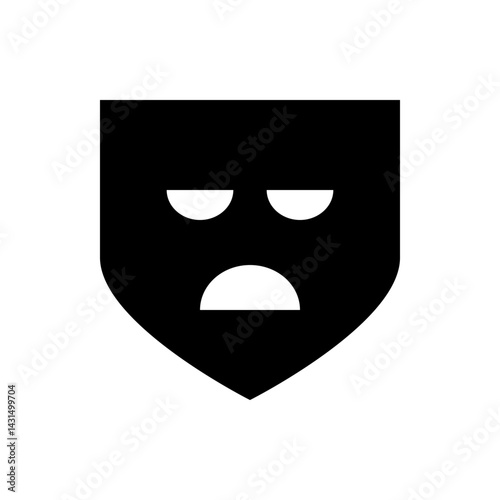 A black shield shape with a sad face featuring two semi circles for eyes and a mouth below them all