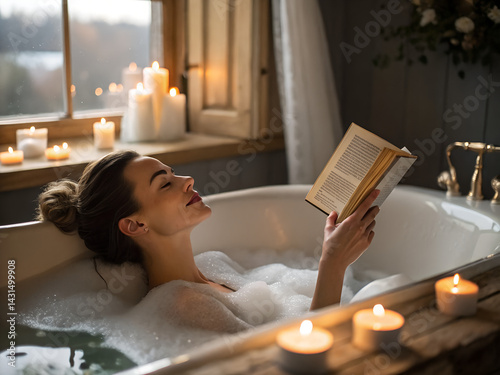 Peaceful scene of a woman enjoying a book in a warm bubble bath with candles.