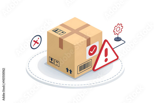 Package delivery problem alert notification system showing a cardboard box with a warning sign indicating a potential issue during shipping process Isometric design