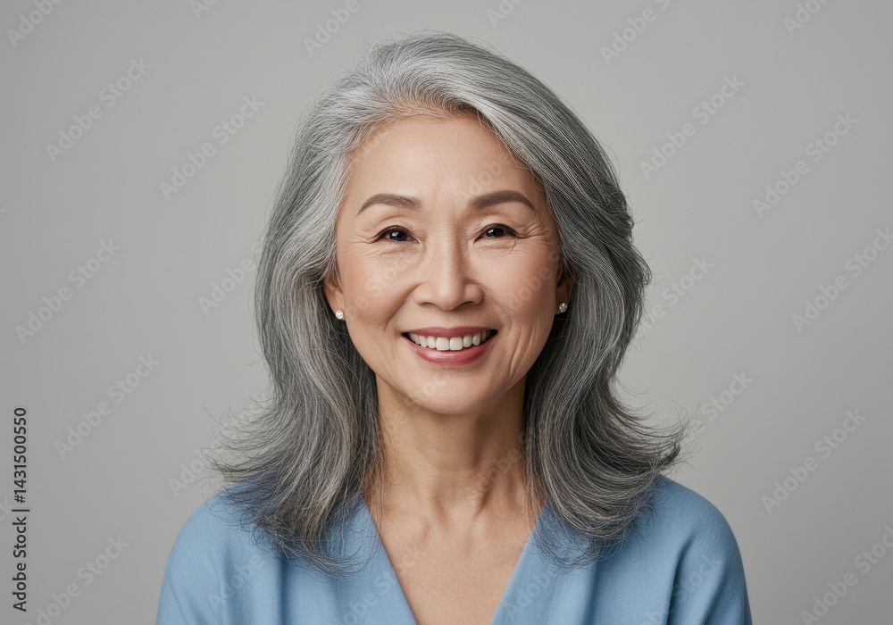 Fototapeta premium Smiling asian woman with gray hair and a blue top, looking at the camera