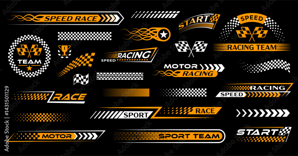 Race sport car stripe stickers, checker decals. Motocross competition retro patterns, motorsport championship. Rally racing decals set with victory checkered flag