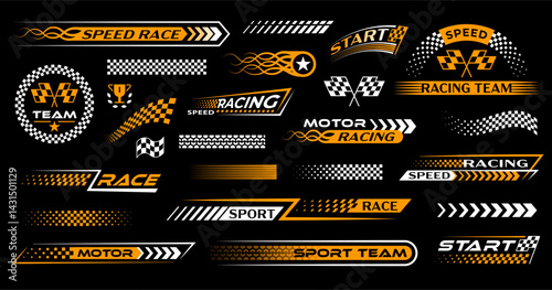 Race sport car stripe stickers, checker decals. Motocross competition retro patterns, motorsport championship. Rally racing decals set with victory checkered flag