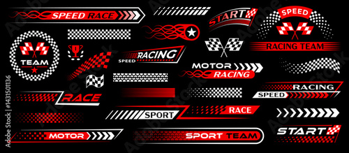 Racing sport car stickers and race line decals with checkered pattern, vector stripes. Auto art decals patterns and labels