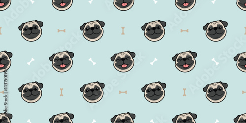 Cute pug face cartoon seamless pattern, vector illustration