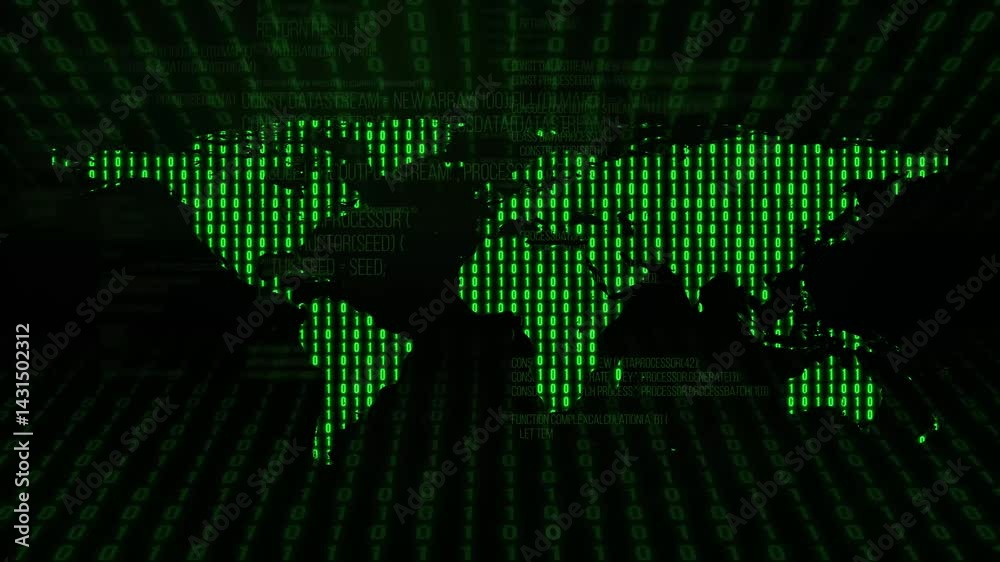Abstract digital background with computer code and a world map with a code consisting of zeros and ones. 4K