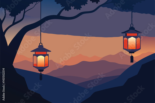 lanterns-hanging-from-tree-branches-at-dusk--.eps
