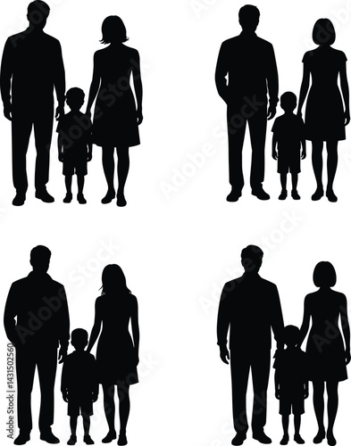 Silhouette Vector Set of Family Standing Together Front View – Father Mother Child Solid Black Illustration
